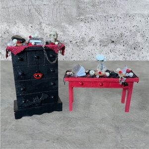 Miniature Black Dresser and Red Table Set for Dollhouse / Vampire
